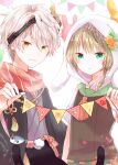  2boys androgynous animal_ears animal_hood blush brown_hair fake_animal_ears flower food_fantasy green_eyes hair_flower hair_ornament highres hood multiple_boys otoko_no_ko pale_skin salad_(food_fantasy) sayuki silver_hair sukiyaki_(food_fantasy) yellow_eyes 