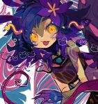 1girl bangs bare_shoulders beubeu blue_hair flower green_background grey_background hair_flower hair_ornament highres league_of_legends long_hair looking_at_viewer neeko_(league_of_legends) orange_eyes pink_background purple_flower redhead solo tail tongue tongue_out