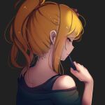 1girl at2. blonde_hair bra_strap brown_eyes close-up closed_mouth expressionless eyebrows_visible_through_hair from_behind green_shirt highres lips looking_away medium_hair nape off-shoulder_shirt off_shoulder original ponytail shirt sidelocks solo upper_body