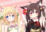  2girls :d ahoge animal_ear_fluff animal_ears bangs bare_shoulders bell black_kimono blonde_hair blush bow braid brown_hair cat_ears claw_pose collarbone commentary_request dress eyebrows_visible_through_hair fang flower fox_ears fox_shadow_puppet hair_bell hair_between_eyes hair_flower hair_ornament hair_rings hairclip hands_up heart heart_hands heart_hands_duo highres japanese_clothes jingle_bell kimono multiple_girls nail_polish obi original outline pink_flower pink_nails pink_rose red_bow red_eyes red_flower rose sash siera_(sieracitrus) smile strapless strapless_dress twintails two_side_up upper_body white_dress white_flower white_outline white_rose x_hair_ornament 
