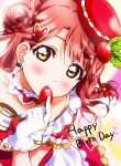  1girl bangs blunt_bangs blush braid braided_bun collarbone dot_nose dress food food-themed_hair_ornament fruit fuyuu310 gloves hair_ornament hairpin half_updo happy_birthday highres love_live! love_live!_nijigasaki_high_school_idol_club medium_hair orange_hair pink_hair red_dress red_headwear side_bun strawberry strawberry_hair_ornament swept_bangs uehara_ayumu white_gloves yellow_eyes 