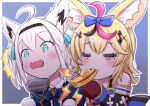  2girls ^^^ absurdres ahoge animal_ear_fluff animal_ears ascot bangs blonde_hair blue_ascot blue_background blue_jacket blush border braid closed_eyes commentary_request eyebrows_visible_through_hair fox_ears fox_girl gabe_laven green_eyes hair_between_eyes hair_ornament hair_ribbon hairband hairclip harmonica highres hololive instrument jacket kazoo multiple_girls music omaru_polka open_mouth playing_instrument ribbon shirakami_fubuki short_hair sidelocks simple_background single_braid virtual_youtuber wavy_mouth white_hair 