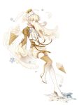  1girl blonde_hair boots food food_fantasy full_body highres ice_cream ice_cream_cone looking_at_viewer official_art pale_skin second-party_source soft_serve_cone_(food_fantasy) star_(symbol) thigh-highs thigh_boots yellow_eyes 