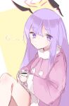  1girl absurdly_long_hair alternate_costume bangs blue_archive coffee_cup coffee_mug cup disposable_cup halo headgear k0npeit0 long_hair long_sleeves mug purple_hair solo utaha_(blue_archive) very_long_hair violet_eyes winter_clothes yellow_background 