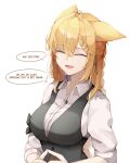  1girl absurdres animal_ears arknights black_vest blonde_hair braid buttons closed_eyes collared_shirt english_text eyebrows_visible_through_hair fingers_together green_hair hair_between_eyes hair_ribbon highres kroos_(arknights) kroos_the_keen_glint_(arknights) long_hair multicolored_hair official_alternate_costume open_mouth rabbit_ears ribbon shirt simple_background solo speech_bubble streaked_hair upper_body vest white_background white_shirt yuu_azma 
