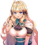  1girl absurdres ascot bangs black_bow blonde_hair blue_dress blue_eyes blush bow breasts brooch cape dress elf gloves hair_bow highres jewelry keinesandayoooo large_breasts long_hair looking_at_viewer open_mouth pointy_ears princess_connect! saren_(princess_connect!) sidelocks smile solo underbust white_cape white_gloves 