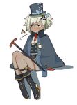  1girl alternate_costume anger_vein belt belt_buckle blush boots buckle buttons cane cape chinese_commentary commentary_request cosplay cross dark-skinned_female dark_skin embarrassed girls_frontline grey_hair hair_ribbon hat hat_ribbon high_collar high_heel_boots high_heels klin_(girls&#039;_frontline) looking_to_the_side pocket_watch ribbon short_hair simple_background sitting super-shorty_(crossing_in_labyrinth)_(girls&#039;_frontline) super-shorty_(girls&#039;_frontline) super-shorty_(girls&#039;_frontline)_(cosplay) top_hat two_side_up watch waterkuma white_background 