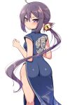  1girl absurdres ahoge akebono_(kancolle) ass bell china_dress chinese_clothes commentary_request cowboy_shot dress floral_print flower from_behind hair_bell hair_flower hair_ornament highres jingle_bell kantai_collection kurokoshou_(emuburemu123) long_hair looking_at_viewer looking_back purple_hair side_ponytail side_slit simple_background solo very_long_hair violet_eyes white_background 