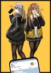  2girls absurdres bangs black_border black_jacket black_legwear black_skirt blush border breasts brown_hair cellphone chat_log closed_mouth collarbone eyebrows_visible_through_hair girls_frontline hair_ornament hairclip hand_in_pocket heart heart_print highres holding holding_phone hood hooded_jacket jacket light_brown_hair long_hair looking_at_viewer multicolored_clothes multicolored_jacket multiple_girls open_clothes open_jacket paaam pantyhose phone red_eyes scar scar_across_eye side_ponytail skirt smartphone standing twintails ump45_(girls&#039;_frontline) ump9_(girls&#039;_frontline) yellow_background yellow_eyes 