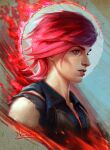  1girl arcane:_league_of_legends arcane_vi bangs bare_shoulders blue_jacket from_side grey_background inna_vjuzhanina jacket league_of_legends official_alternate_costume parted_lips profile red_background redhead short_hair signature solo teeth torn_jacket vi_(league_of_legends) 