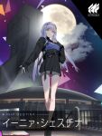  1girl bangs black_gloves black_jacket breast_curtains breasts building character_name clouds copyright_name eyebrows_visible_through_hair gloves grey_eyes highres immortals:_muvluv_alternative inia_sestina jacket logo looking_down medium_breasts moon muvluv muvluv_alternative muvluv_total_eclipse official_art open_hand partially_fingerless_gloves shorts silver_hair smile solo sugimoto_gang white_shorts 
