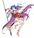  1girl ankle_boots armor bangs belt blue_eyes blue_hair boots breastplate broken_armor caeda_(fire_emblem) cape clenched_teeth dress fingerless_gloves fire_emblem fire_emblem:_mystery_of_the_emblem fire_emblem_heroes full_body fur_trim gloves gold_trim hair_ornament haru_(hiyori-kohal) high_heel_boots high_heels highres holding long_hair looking_away non-web_source official_art one_eye_closed parted_lips pink_footwear polearm shiny shiny_hair short_dress short_sleeves shoulder_armor skirt solo spear sword teeth thigh-highs torn_belt torn_cape torn_clothes torn_legwear transparent_background weapon white_legwear zettai_ryouiki 