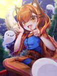 1girl :d absurdres ahoge animal_ear_fluff animal_ears bangs blue_shirt brown_eyes brown_hair brown_pants clouds commentary_request copyright_request double_fox_shadow_puppet eyebrows_visible_through_hair eyes_visible_through_hair fox_ears fox_girl fox_shadow_puppet fox_tail full_moon ghost hair_ornament hair_over_one_eye highres looking_at_viewer moon night night_sky oooqqq outdoors pants shirt short_sleeves sky smile solo star_(sky) starry_sky tail virtual_youtuber wide_sleeves x_hair_ornament 