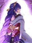  1girl bangs blunt_bangs bow bowtie braid genshin_impact hair_ornament half-closed_eyes highres japanese_clothes kimono long_hair long_sleeves looking_back mole mole_under_eye muwon petals purple_hair raiden_shogun violet_eyes wide_sleeves 