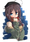  1girl absurdres ahoge bangs beret black_headwear blue_eyes blush braid breath brown_hair commentary_request green_jacket hair_between_eyes hair_flaps hair_ornament hair_ribbon hat highres jacket kantai_collection long_hair looking_at_viewer red_ribbon ribbon scarf shiba_(zudha) shigure_(kancolle) shigure_kai_ni_(kancolle) simple_background single_braid solo upper_body 