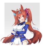  1girl animal_ears black_bow black_bowtie blue_jacket blue_ribbon border bow bowtie brown_hair center_frills commentary_request commission cowboy_shot crossed_arms daiwa_scarlet_(umamusume) epaulettes eyebrows_visible_through_hair eyes_visible_through_hair fang frills garter_straps grey_background hair_bow hair_intakes hair_ribbon horse_ears jacket long_hair long_sleeves nejikyuu open_mouth pink_bow red_eyes ribbon shirt simple_background skin_fang skirt smile solo tiara twintails twitter_username umamusume v-shaped_eyebrows very_long_hair white_border white_shirt white_skirt 
