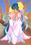  1980s_(style) 1girl bare_shoulders blue_eyes dress eyeshadow flower green_hair hair_flower hair_ornament highres horns long_hair lum makeup official_art oni oni_horns own_hands_clasped own_hands_together pink_dress retro_artstyle ribbon scan smile solo urusei_yatsura very_long_hair 