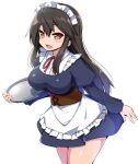  1girl absurdres alternate_costume blush breasts brown_hair corset dress enmaided haruna_(kancolle) highres kantai_collection kurokoshou_(emuburemu123) large_breasts looking_at_viewer maid maid_headdress open_mouth red_eyes sidelocks smile solo tray 