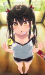  ! !! 1girl artist_name bangs barefoot black_hair black_shorts blurry blurry_background blush brown_eyes closed_mouth depth_of_field dropping eyebrows_visible_through_hair food food_in_mouth hair_between_eyes hair_ribbon highres indoors long_hair looking_at_viewer minamura_haruki mouth_hold original pocky pocky_kiss red_ribbon ribbon shirt short_shorts shorts sidelocks solo spoken_exclamation_mark standing sweat twintails watermark web_address white_shirt wooden_floor 