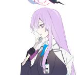  1girl absurdly_long_hair artist_request bangs black_jacket blue_archive blue_necktie from_side halo headgear jacket long_hair long_sleeves necktie purple_hair solo utaha_(blue_archive) very_long_hair violet_eyes white_background wrench 