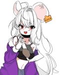  1girl absurdly_long_hair absurdres animal_ears artist_request bare_shoulders blue_archive crop_top heart highres jacket jacket_on_shoulders long_hair mouse_ears purple_jacket saya_(blue_archive) shiny shiny_hair smile solo upper_body very_long_hair white_background white_hair 