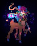  1girl :o animal_ears bangs black_background blue_background blue_flower flower full_body hair_flower hair_ornament highres holding holding_staff league_of_legends leummeul lillia_(league_of_legends) long_hair looking_at_viewer multicolored_hair navel open_mouth smile staff taur two-tone_hair 