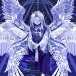  1girl angel angel_wings barefoot blue_dress blue_hair closed_eyes dress kaigen_1025 long_hair long_sleeves multiple_wings ribbon sariel_(touhou) smile solo touhou touhou_(pc-98) very_long_hair white_hair wings 