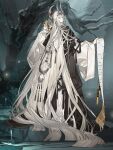  1boy chinese_clothes closed_eyes facing_to_the_side food_fantasy ginseng_(food_fantasy) hair_ornament highres horns long_hair official_art pale_skin pointy_ears second-party_source silver_hair starshadowmagician traditional_clothes tree water 