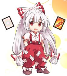  1girl baggy_pants bow brown_footwear collared_shirt eyebrows_visible_through_hair fujiwara_no_mokou hair_bow hand_in_pocket long_hair open_mouth pants pote_(ptkan) red_eyes red_pants shirt shoes short_sleeves smile solo suspenders touhou white_bow white_hair white_shirt 