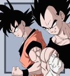  2boys black_eyes black_hair black_tank_top black_wristband border clenched_hand dougi dragon_ball dragon_ball_z dutch_angle gloves grey_border highres lee_(dragon_garou) looking_afar male_focus multiple_boys muscular muscular_male pectorals shade sidelighting smirk son_goku spiky_hair square tank_top upper_body vegeta white_gloves wristband 