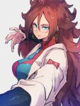  1girl android_21 black_nails blue_eyes breasts dragon_ball dragon_ball_fighterz earrings fingernails glasses hair_between_eyes hoop_earrings jewelry kemachiku labcoat long_hair looking_at_viewer medium_breasts nail_polish red_ribbon_army redhead solo upper_body 