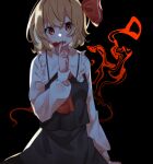  1girl artist_request ascot bangs black_dress blonde_hair blood blood_on_face blood_on_hands closed_mouth commentary_request cowboy_shot dark_background dress expressionless eyes_visible_through_hair hair_between_eyes hair_ribbon highres long_sleeves looking_to_the_side red_ascot red_eyes red_ribbon ribbon rumia shirt short_hair simple_background solo standing touhou white_shirt 