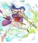  1girl ankle_boots armor bangs belt blue_eyes blue_hair boots breastplate caeda_(fire_emblem) cape closed_mouth dress elbow_gloves feathers fingerless_gloves fire_emblem fire_emblem:_mystery_of_the_emblem fire_emblem_heroes full_body fur_trim gloves gold_trim hair_ornament haru_(hiyori-kohal) high_heel_boots high_heels highres holding holding_weapon leg_up long_hair looking_away non-web_source official_art pink_footwear polearm shiny shiny_hair short_dress short_sleeves shoulder_armor skirt solo spear sword thigh-highs transparent_background weapon white_legwear zettai_ryouiki 
