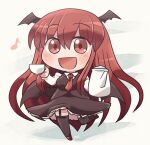  1girl :d bangs bat_wings black_hair black_legwear black_skirt black_vest blush chibi cup dress_shirt eighth_note full_body garter_straps hair_between_eyes happy holding holding_cup koakuma long_hair long_sleeves looking_at_viewer low_wings multiple_wings musical_note necktie no_nose open_mouth red_eyes red_footwear red_necktie redhead rokugou_daisuke shirt signature simple_background skirt skirt_set smile solo standing standing_on_one_leg teacup teapot thigh-highs touhou very_long_hair vest white_background white_shirt wings zettai_ryouiki 