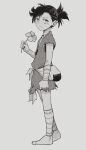  1girl absurdres bandaged_arm bandaged_leg bandages black_hair child commentary dororo_(character) dororo_(tezuka) flat_chest florbetriz flower full_body greyscale hand_up highres holding holding_flower looking_at_viewer monochrome parted_lips short_hair solo standing tied_hair 