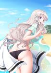  1girl alternate_costume aqua_shirt ass azur_lane bangs beach black_panties black_swimsuit blonde_hair blue_eyes blue_sky blush breasts eyebrows_visible_through_hair feet_out_of_frame hair_ornament hairclip heterochromia highres holding holding_towel long_hair looking_at_viewer looking_back medium_breasts murmansk_(azur_lane) ocean open_mouth panties shirt shiruppo sideboob simple_background sky solo standing swimsuit teeth towel underwear upper_teeth violet_eyes 