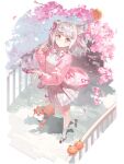  1girl cherry_blossoms chocolate dog dress flower food food_fantasy fruit full_body highres kagami_mochi_(food_fantasy) looking_at_viewer moying_(lolifs) official_art orange_(fruit) pale_skin pink_theme plant second-party_source 