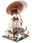  1boy androgynous animal_ears bonito_rice_(food_fantasy) calico cat cat_boy cat_ears chinese_clothes cocosuke food food_fantasy full_body highres looking_down official_art pale_skin second-party_source traditional_clothes umbrella 