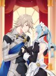  1boy 1girl absurdres apron armor back back_bow backless_dress backless_outfit black_dress black_gloves blue_cape blue_hair blush bow breasts bridal_gauntlets cape closed_mouth commentary commission corrin_(fire_emblem) corrin_(fire_emblem)_(male) couple curtains dress english_commentary eyebrows_visible_through_hair fire_emblem fire_emblem_fates flora_(fire_emblem) gloves grey_eyes grey_hair highres holding_hands igni_tion indoors jewelry juliet_sleeves large_breasts long_sleeves looking_at_another maid_apron maid_headdress puffy_sleeves red_curtains red_eyes ring short_hair smile twintails waist_apron wedding_ring white_apron 