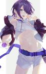  1boy abs absurdres androgynous blue_eyes candy crop_top food highres karonaru lollipop looking_at_viewer male_focus midriff navel nipples original otoko_no_ko pale_skin purple_hair reaching_out shorts smile solo 