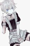  1boy androgynous animal_ears apron blue_eyes cat_ears cat_tail crossdressing frown highres kimagudayo looking_at_viewer maid maid_apron maid_headdress male_focus middle_finger original otoko_no_ko pale_skin solo tail white_hair 