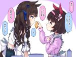  animal_ears apron brown_hair casual commentary_request hair_ornament headband horse_ears horse_girl long_hair looking_at_another napkin nishino_flower_(umamusume) otonarinoco short_hair tosen_jordan_(umamusume) translation_request twintails umamusume white_background x_hair_ornament 