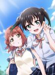  2girls bangs black_hair blue_sky blunt_bangs braid braided_bun collared_shirt dress_shirt fuyuu310 gradient_hair green_eyes green_hair hair_between_eyes half_updo highres love_live! love_live!_nijigasaki_high_school_idol_club medium_hair miniskirt multicolored_hair multiple_girls neck_ribbon nijigasaki_academy_uniform open_mouth orange_hair pink_hair plaid plaid_skirt pleated_skirt red_neckwear ribbon shirt short_sleeves side_bun skirt sky streaked_hair summer_uniform swept_bangs takasaki_yuu twintails two-tone_hair uehara_ayumu yellow_eyes 