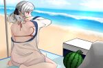  1girl back bangs bare_shoulders beach beach_umbrella breasts eyebrows_visible_through_hair food fruit girls_frontline hair_ribbon highres large_breasts looking_away medium_hair ocean ocean_bottom official_alternate_costume paaam red_eyes ribbon sand sideboob silver_hair sitting solo spas-12_(girls&#039;_frontline) spas-12_(midsummer_fruit)_(girls&#039;_frontline) swimsuit towel umbrella watermelon white_swimsuit 