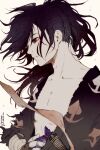  1boy bangs black_hair brown_eyes closed_mouth collarbone commentary_request dororo_(tezuka) highres holding hyakkimaru_(dororo) long_hair male_focus mo_nah signature solo swept_bangs sword toned toned_male upper_body weapon white_background 