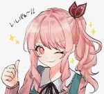  1other akiyama_mizuki commentary drill_hair english_commentary fortuna_j long_eyelashes one_eye_closed other_focus pink_eyes pink_hair project_sekai side_drill side_ponytail sidelocks smile thumbs_up 