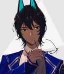  1boy :| arjuna_(fate) arjuna_alter_(fate) bangs black_eyes black_hair closed_mouth collared_shirt commentary_request dark_skin fate/grand_order fate_(series) formal fuka_(hk_nemo) glasses glowing_horns hair_between_eyes hand_up highres holding holding_eyewear horns looking_at_viewer male_focus official_alternate_costume portrait shirt short_hair smile solo white_shirt 