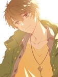  1boy bangs brown_eyes brown_hair closed_mouth green_jacket highres jacket jewelry key koeda_(k83_4) looking_at_viewer luke_pearce_(tears_of_themis) necklace shirt short_hair simple_background smile tears_of_themis white_background yellow_shirt 