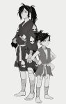  1boy 1girl absurdres bandaged_leg bandages bangs child closed_mouth commentary dororo_(character) dororo_(tezuka) flat_chest florbetriz full_body greyscale hair_over_one_eye hands_on_hips highres hyakkimaru_(dororo) long_hair monochrome parted_bangs ponytail prosthesis standing sword tied_hair weapon 