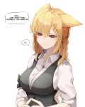  1girl absurdres animal_ears arknights black_vest blonde_hair braid buttons collared_shirt english_text eyebrows_visible_through_hair fingers_together green_hair hair_between_eyes hair_ribbon highres kroos_(arknights) kroos_the_keen_glint_(arknights) long_hair multicolored_hair official_alternate_costume rabbit_ears red_eyes ribbon shirt simple_background smile solo speech_bubble streaked_hair upper_body vest white_background white_shirt yuu_azma 